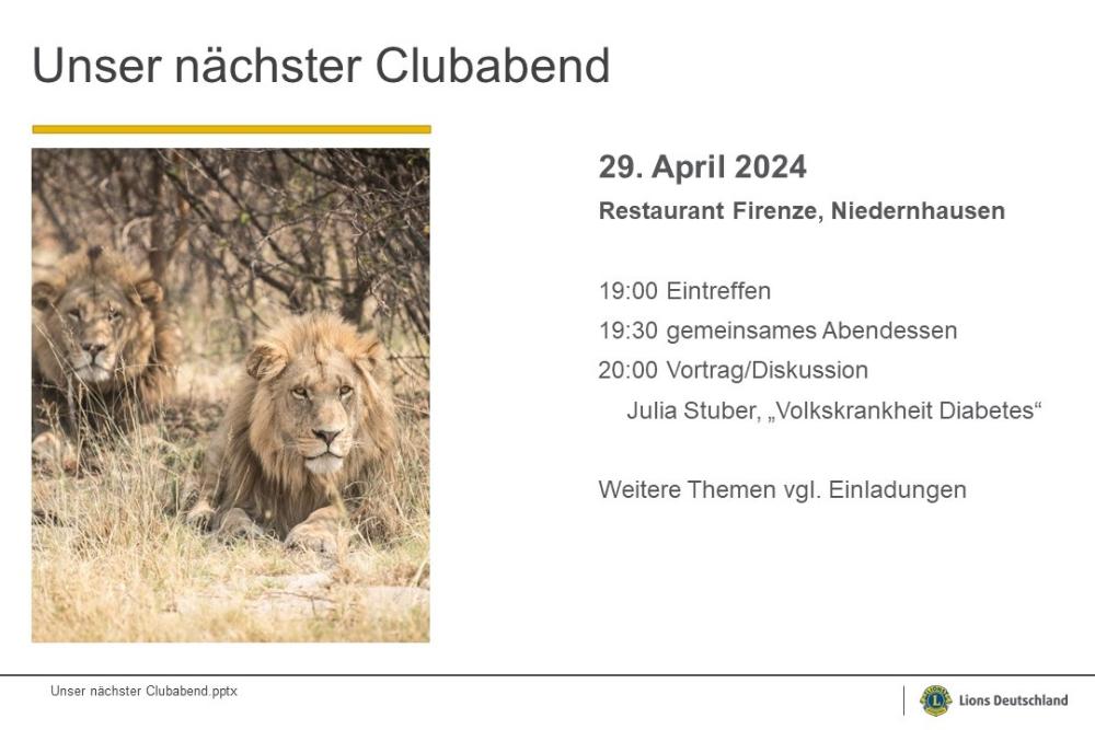 Löwenbild mit Informationen zum nächsten Clubabend